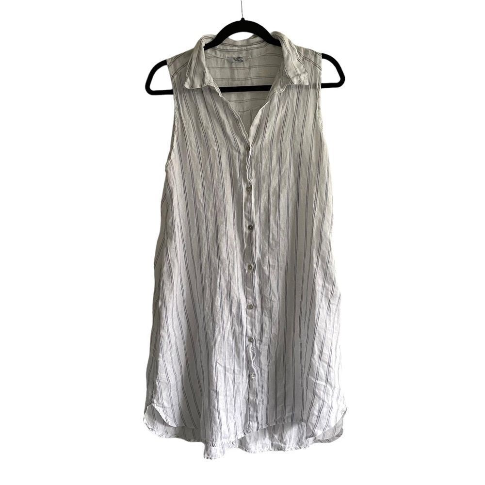 ROSEMARINE Linen Sleeveless Striped Button Front Midi Dress White Blue S